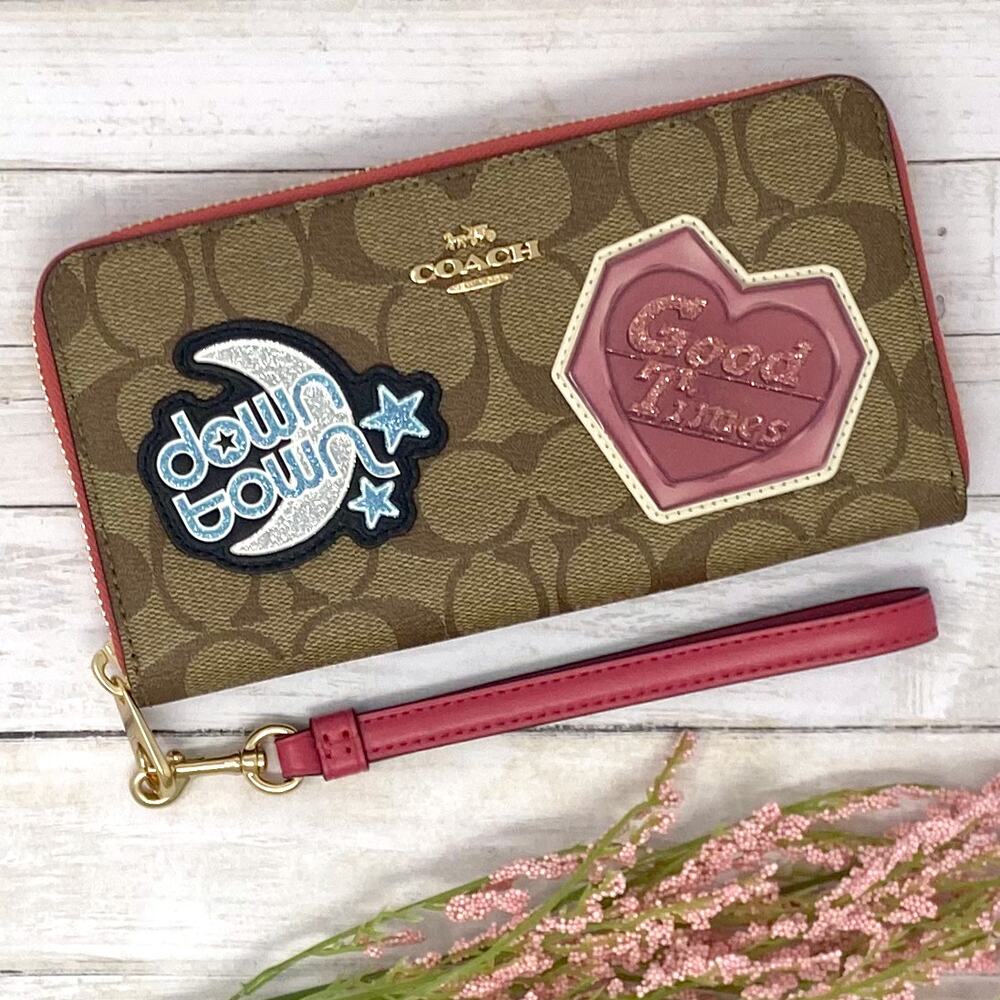 Coach Long Zip Around Wallet Signature Canvas Disco Patches Khaki Multi C66995